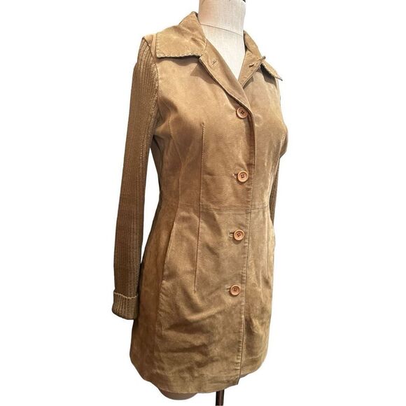 Twiggy Womens Leather Coat with Wool Blend Knit Sleeves Hip Length Retro Size M - Picture 3 of 16